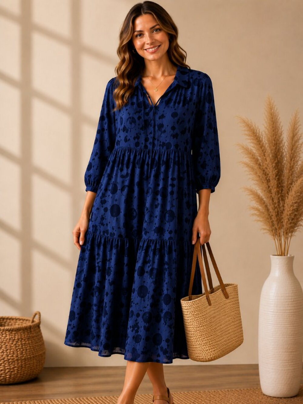 Umgee K7570 Navy Textured Gauze Tiered Midi Dress | Boho Collared Tie neck SZ L